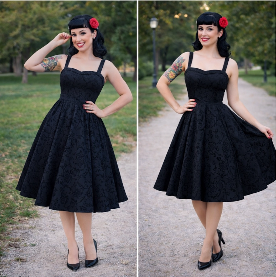 Black Damask 1950s Swing Dress