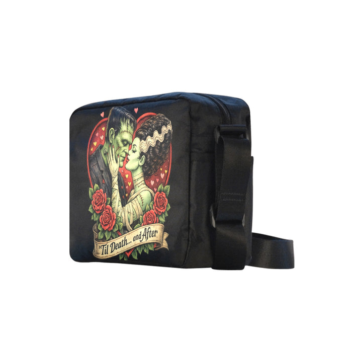 Black bag with a graphic design of a couple and roses on a white background