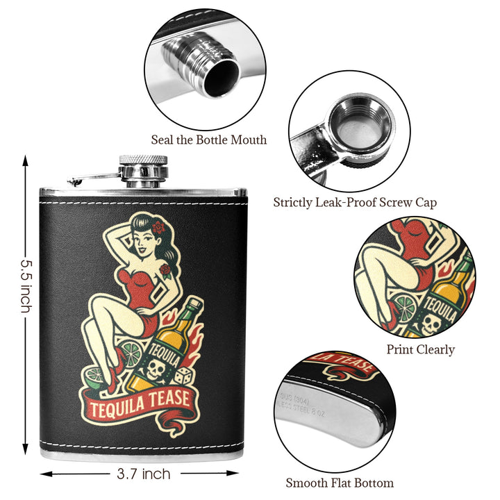 Tequila Tease 8 oz black hip flask showcasing retro design, leak-proof cap, and smooth flat bottom. Ideal for tequila lovers in Australia.