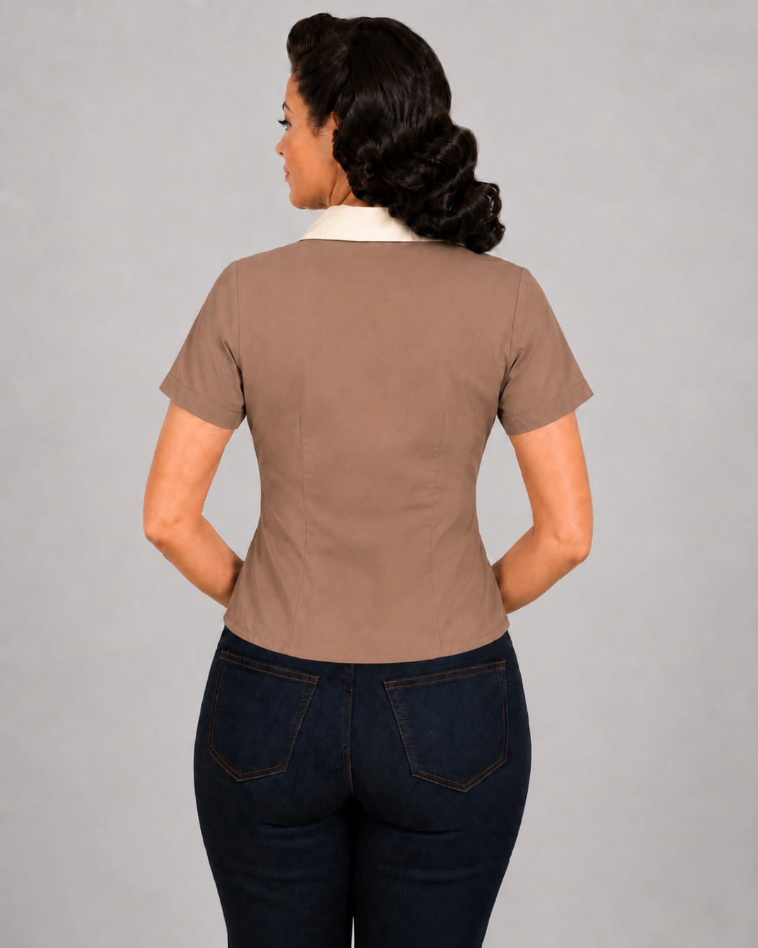 Back view of Peggy Sue Retro Contrast Collar Cotton Shirt worn with denim capris