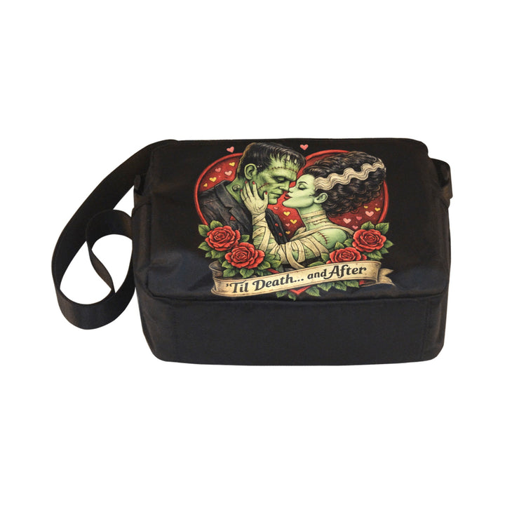 Black bag with a graphic of a couple embracing and roses, with text 'Til Death... and After' on a white background.