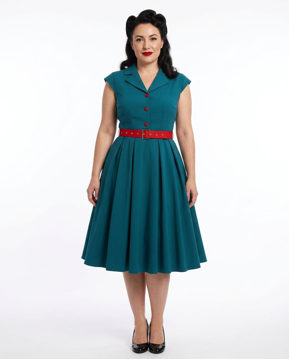 Woman wearing a teal dress with red belt on a white background