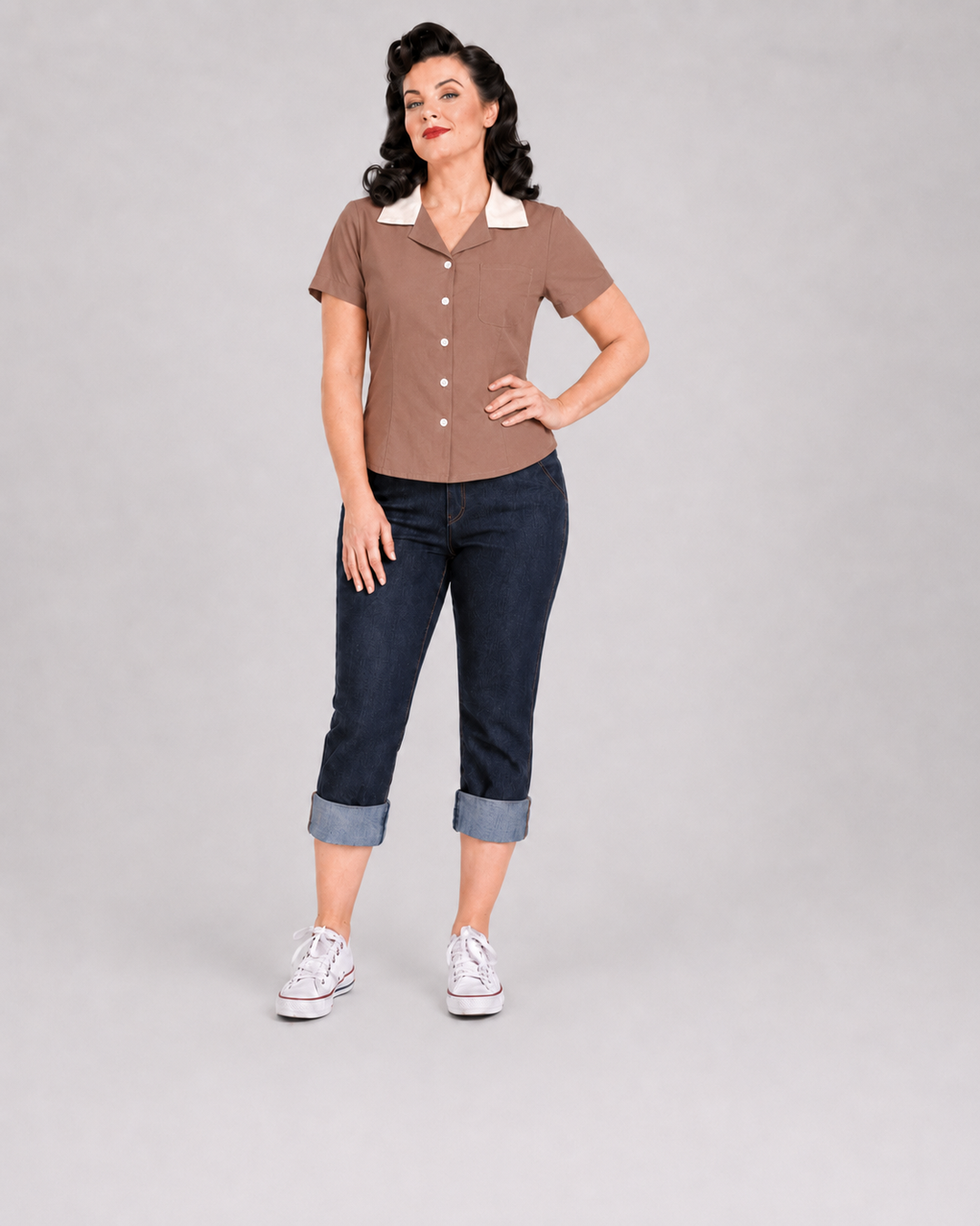 Peggy Sue Retro Contrast Collar Cotton Shirt