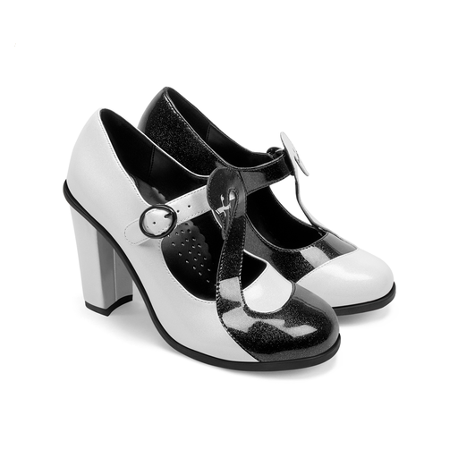 Hot Chocolate Design Black Swan High Heels in black and white patent leather, featuring a mary jane strap and statement heel.