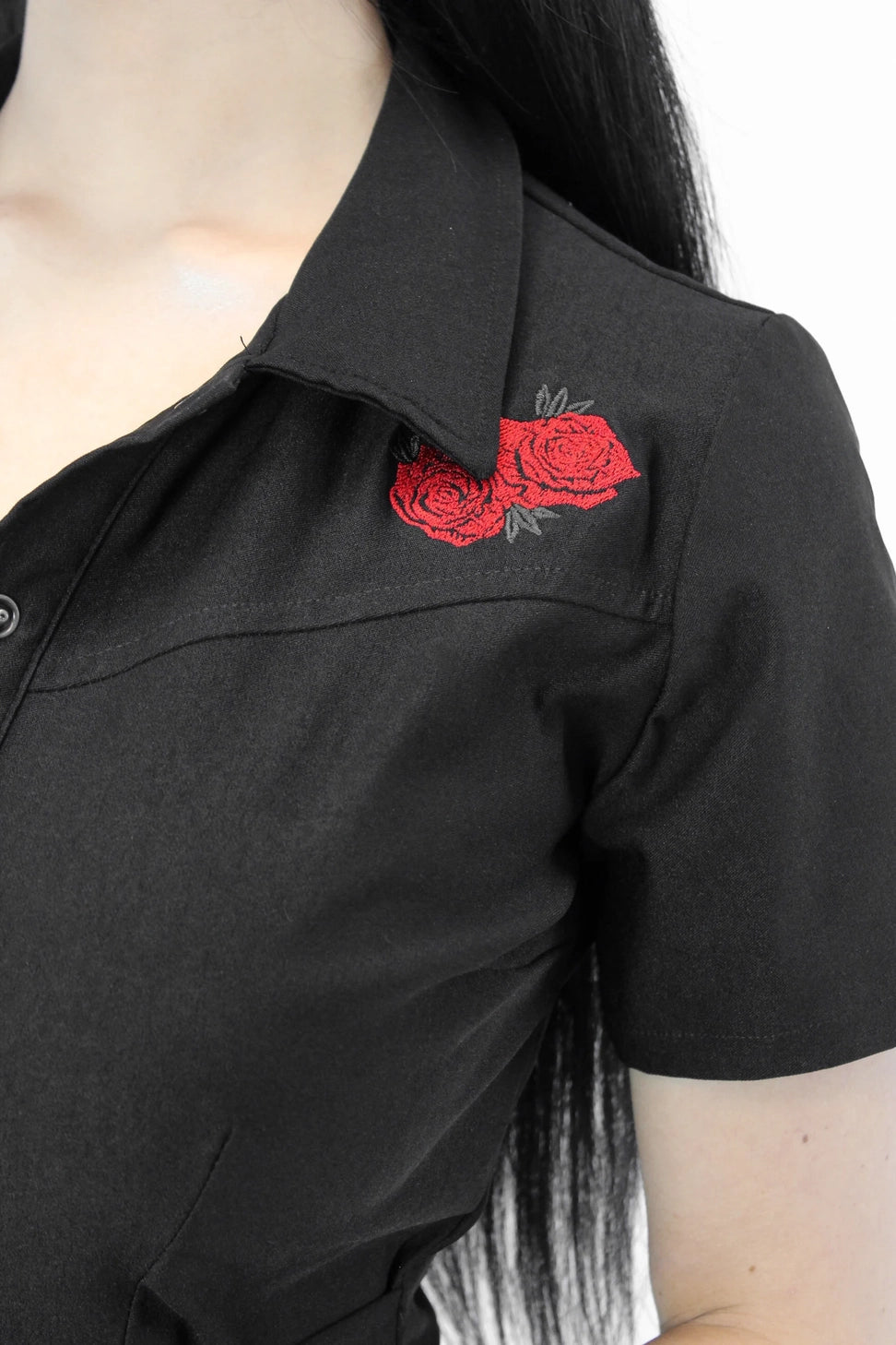 Women’s black pin-up jumpsuit with attached tie belt