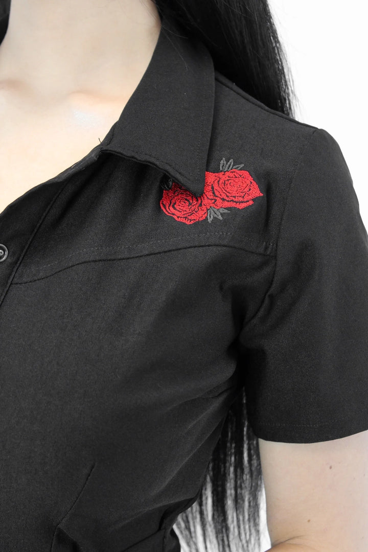 Women’s black pin-up jumpsuit with attached tie belt