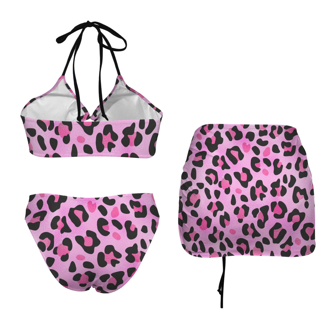 Pink Leopard Retro Bikini Set with Skirt