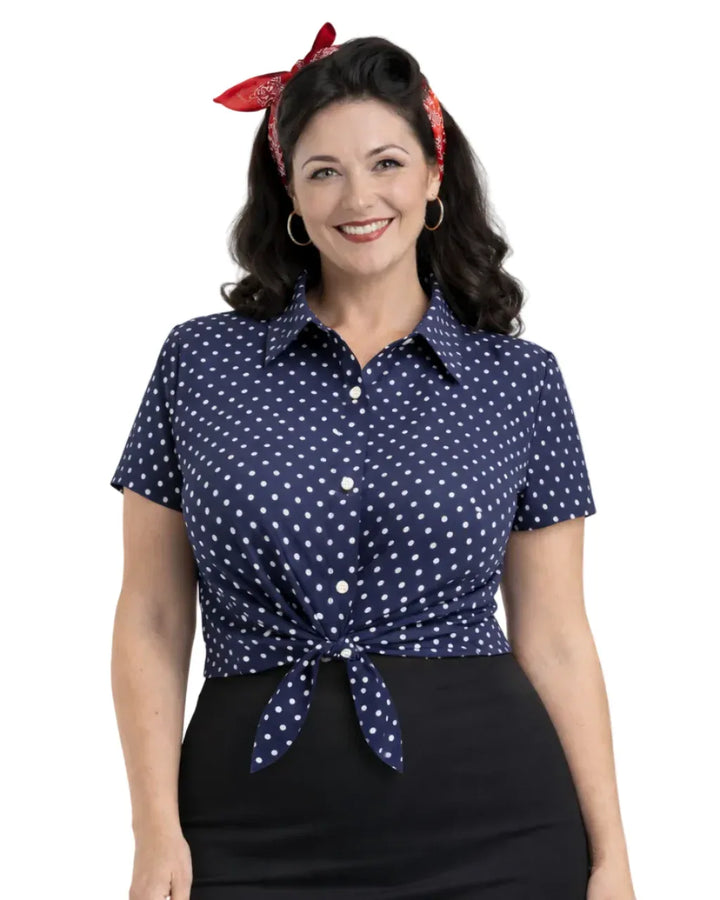 Polka Dot Tie-Front Cotton Stretch Top - Poison Arrow Retro