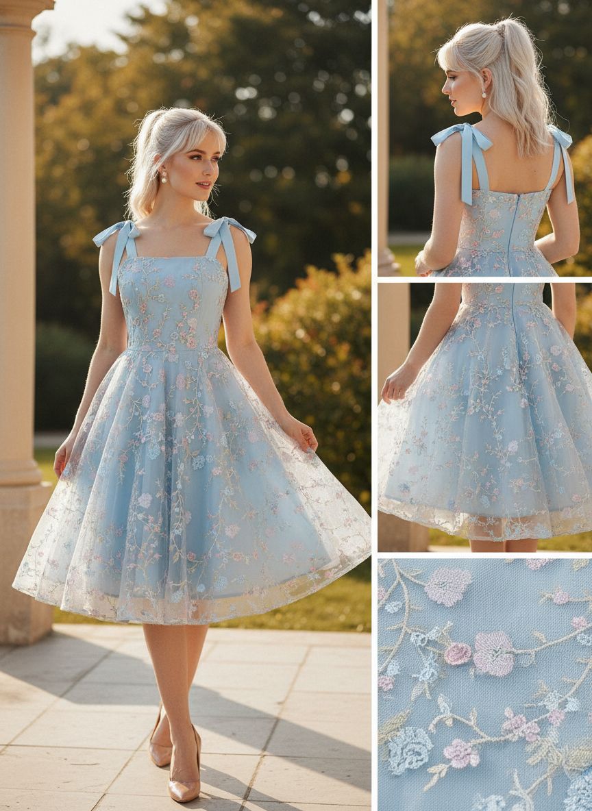 Model wearing blue lace embroidered short cocktail dress, knee-length A-line with ribbon shoulder ties in garden elegant wedding guest look