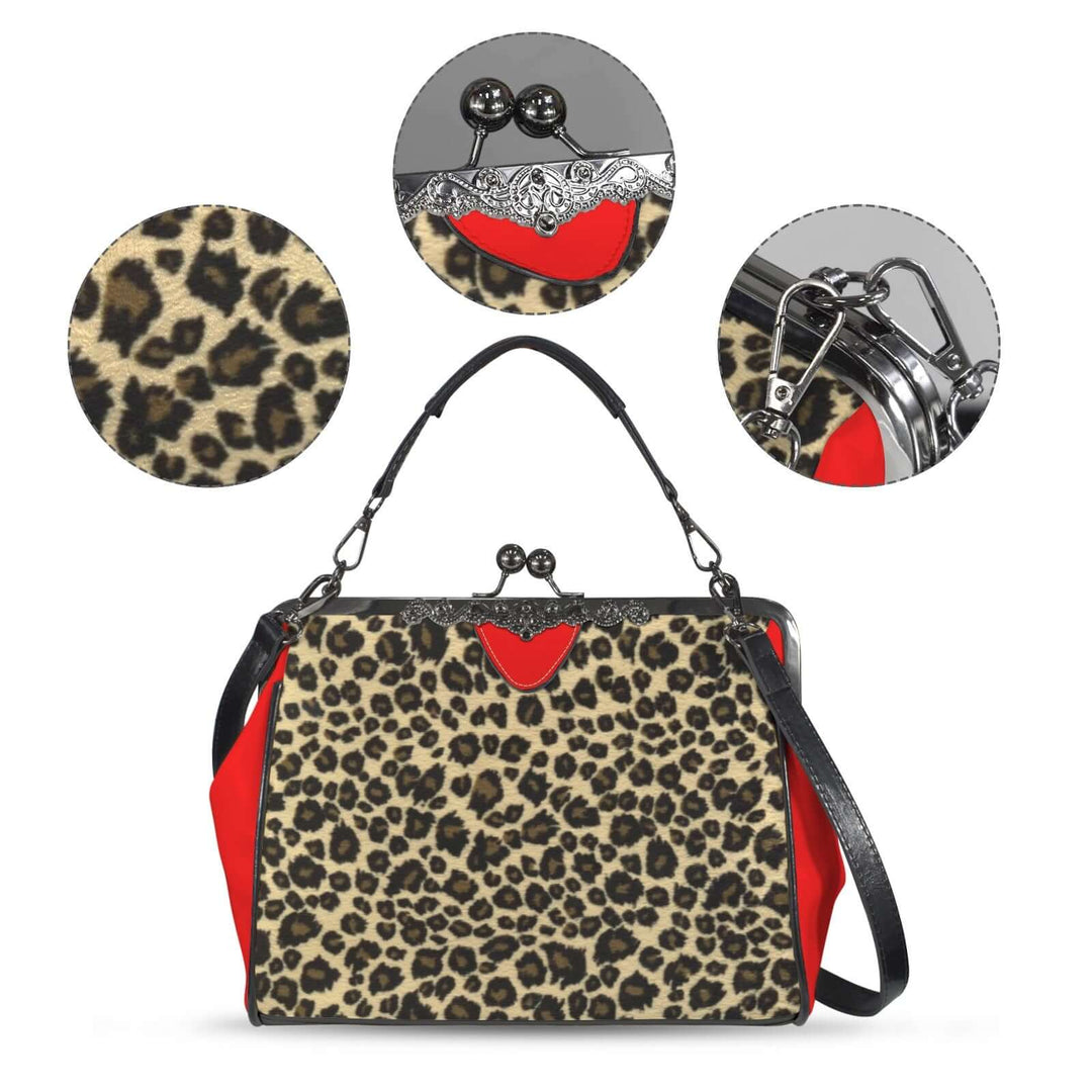 Vintage Kisslock handbag with leopard print and red accents, showcasing classic retro style and bold design.
