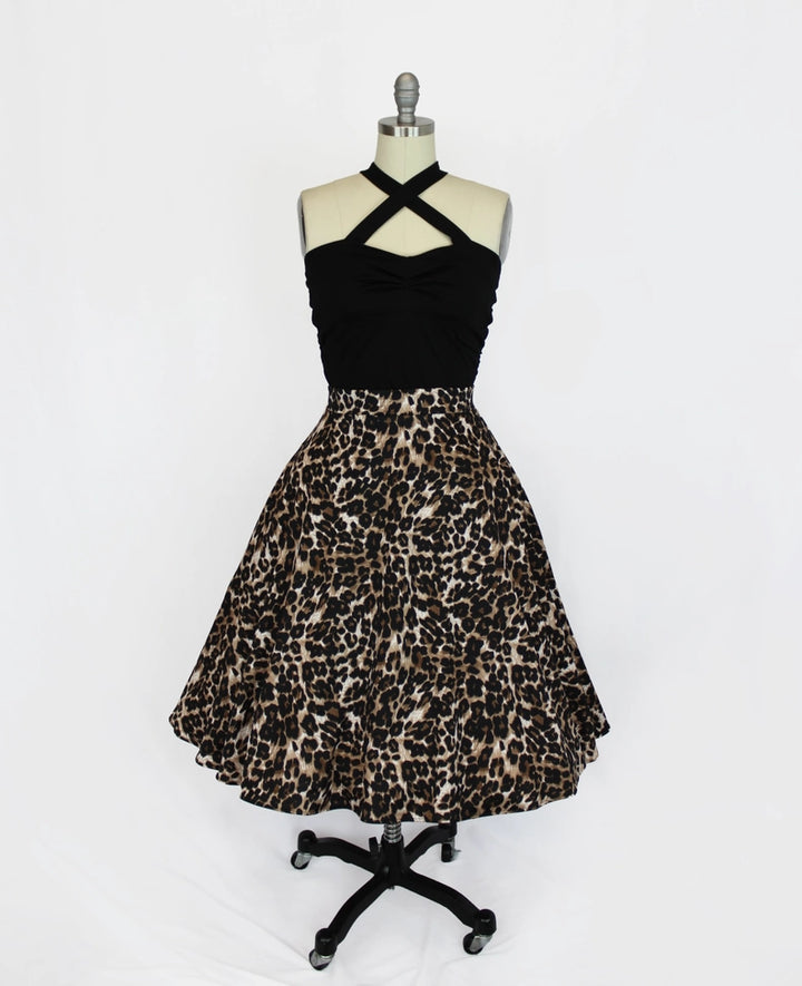 High-waisted leopard print rockabilly skirt in sizes XS to 3XL