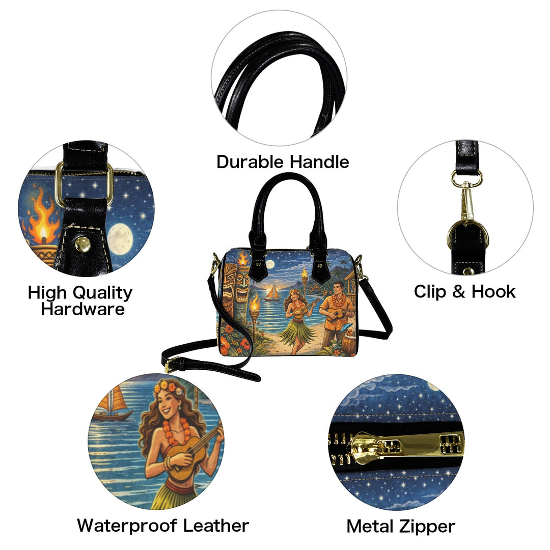 Handbag with hula dancer design, surrounded by features like durable handle, clip & hook, high quality hardware, waterproof leather, and metal zipper.