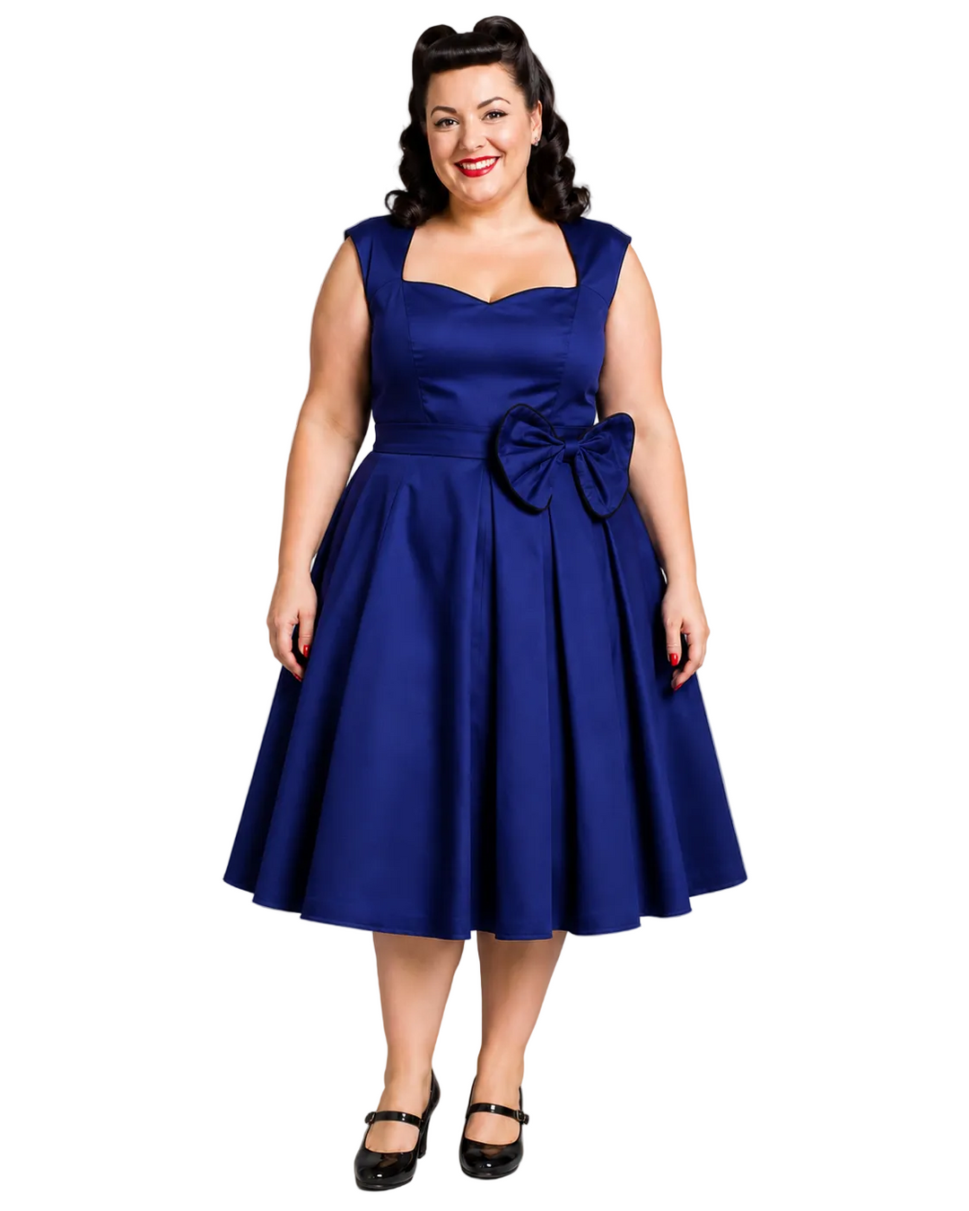 Vivienne blue bow retro dress on a UK16 brunette model, front view