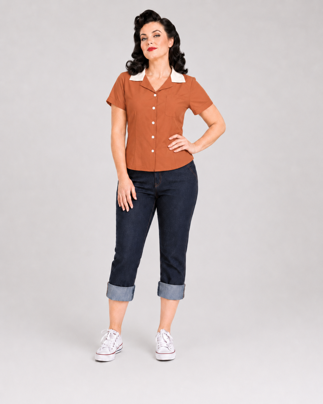 Peggy Sue Retro Contrast Collar Cotton Shirt