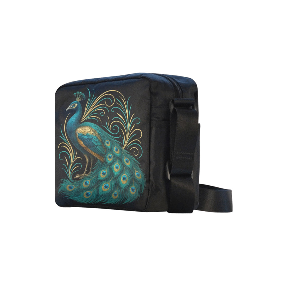 Side view of The Gilded Peacock Crossbody Bag showing ornate pinstriping and rich peacock-inspired colour palette