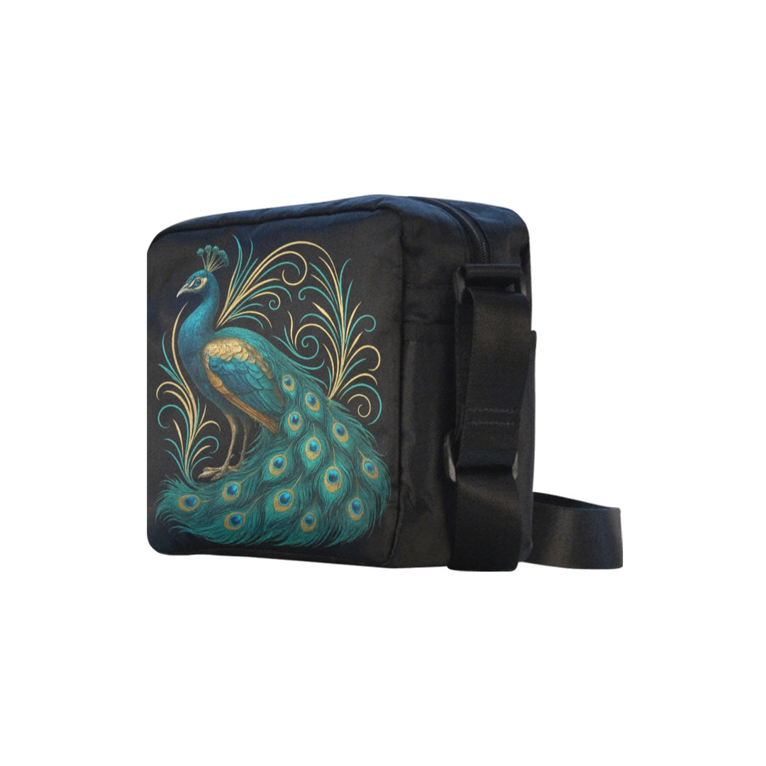 Side view of The Gilded Peacock Crossbody Bag showing ornate pinstriping and rich peacock-inspired colour palette