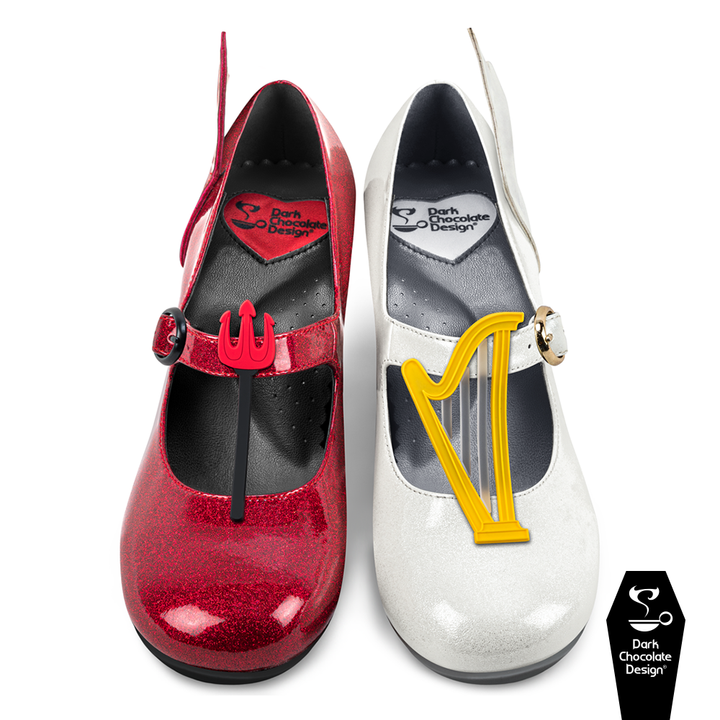 Hot Chocolate Design - Angel & Demon MidHeel in red and white faux patent leather with playful accessories.