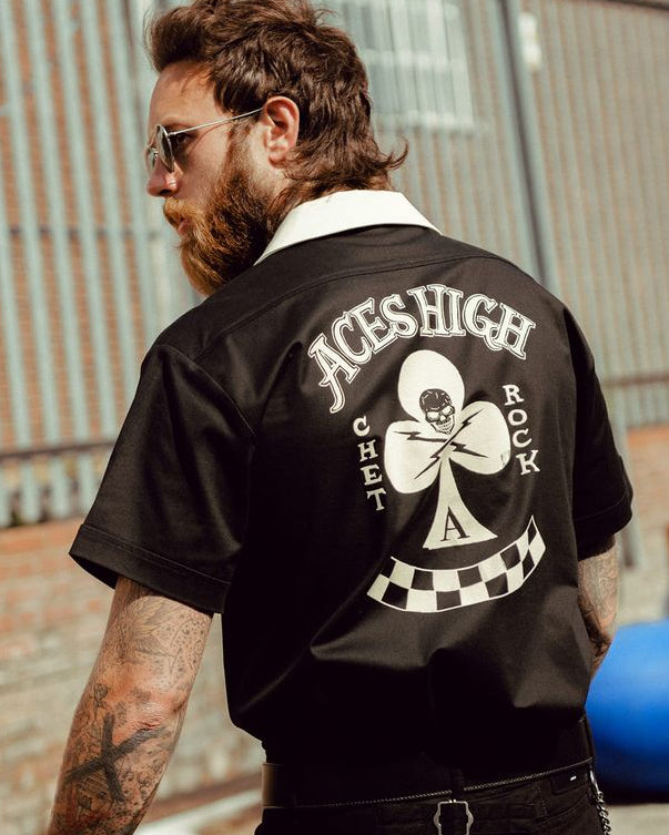 Chet Rock Aces High bowling shirt in black with cream collar and ace chest pocket graphic