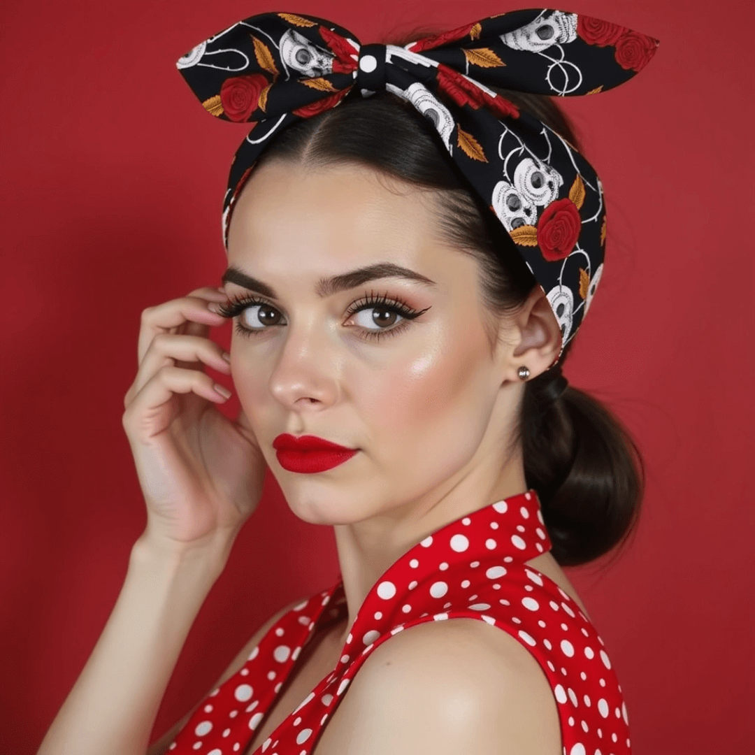 Rockabilly hair tie with skull and roses design worn by model against a red background, showcasing edgy style.