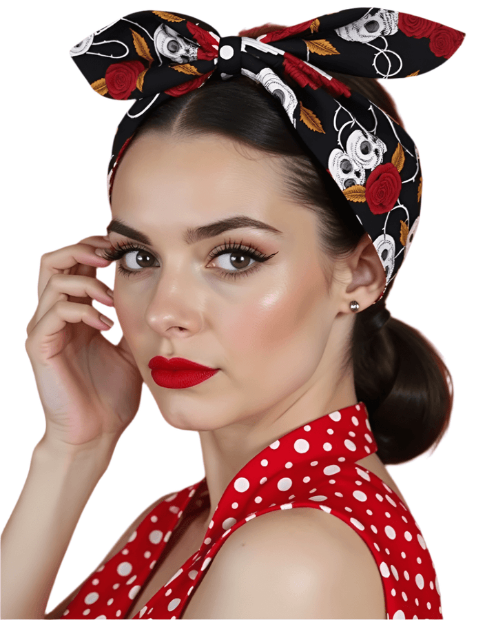 Model wearing SKULL & ROSES WIRED rockabilly hair tie with red polka dot outfit, showcasing edgy style and bold design.