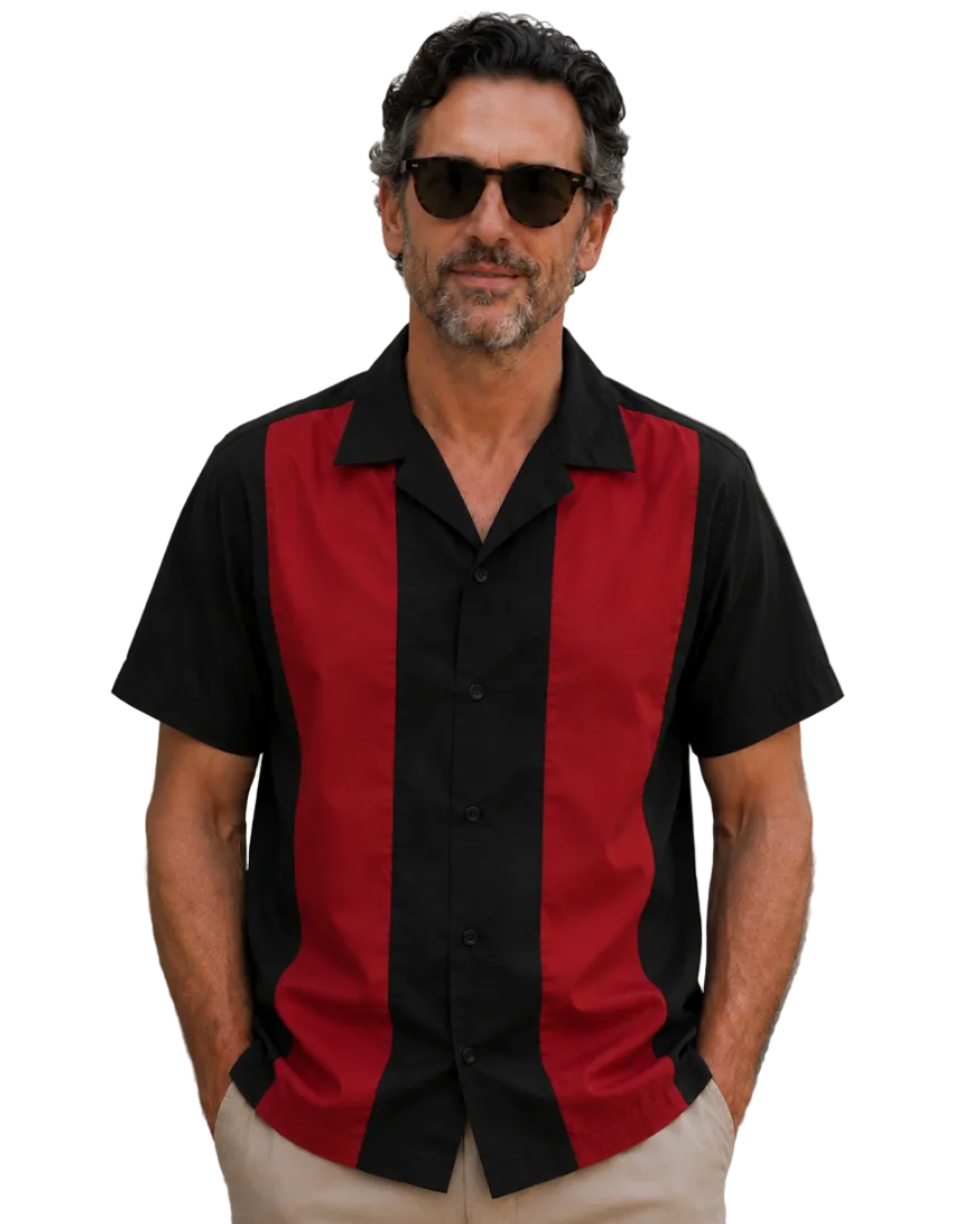 Men’s black and red retro bowling shirt with vertical panel design on white background