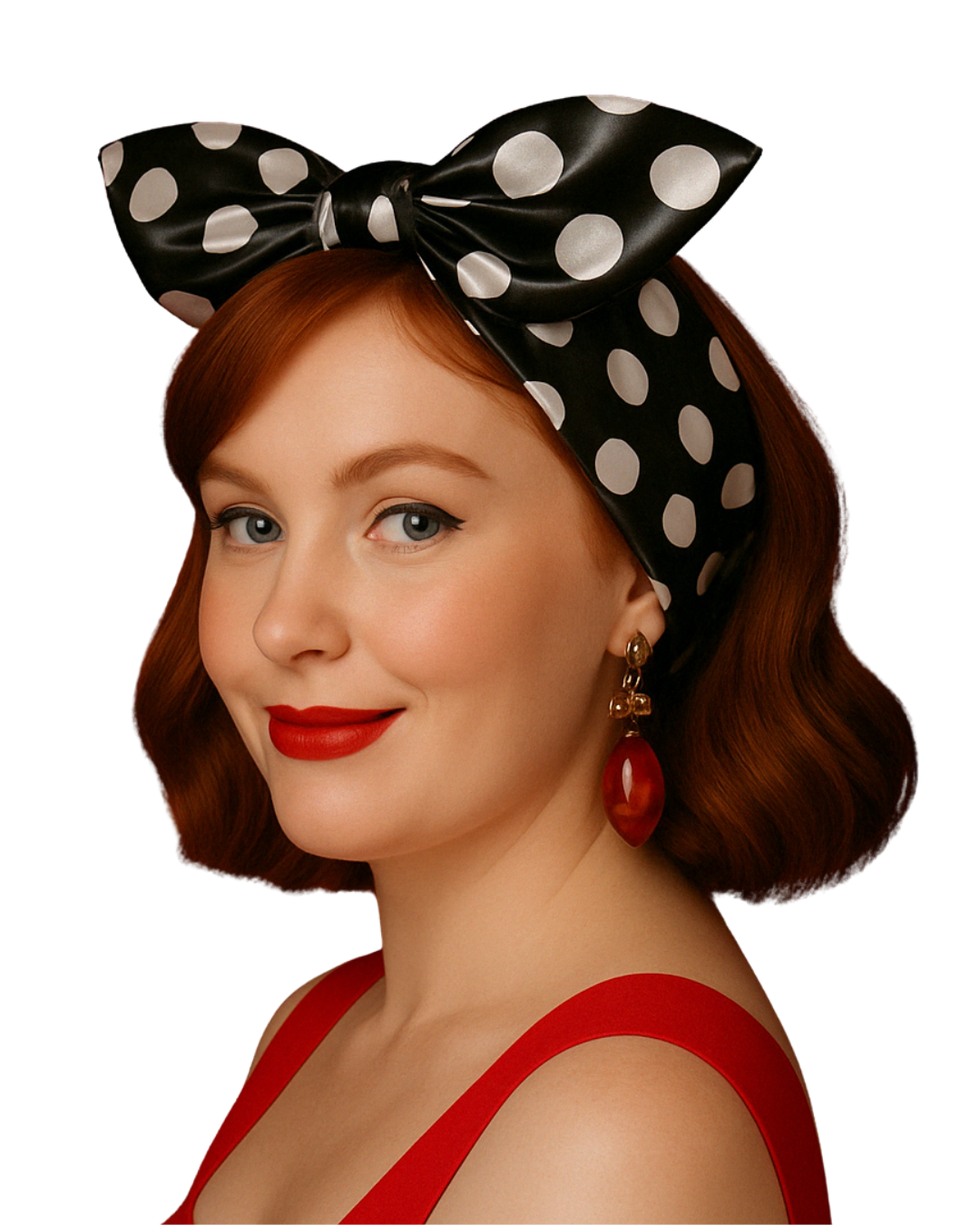 Rockabilly hair tie in black and white polka dots, worn by a woman with red hair and lip color, perfect for vintage looks.