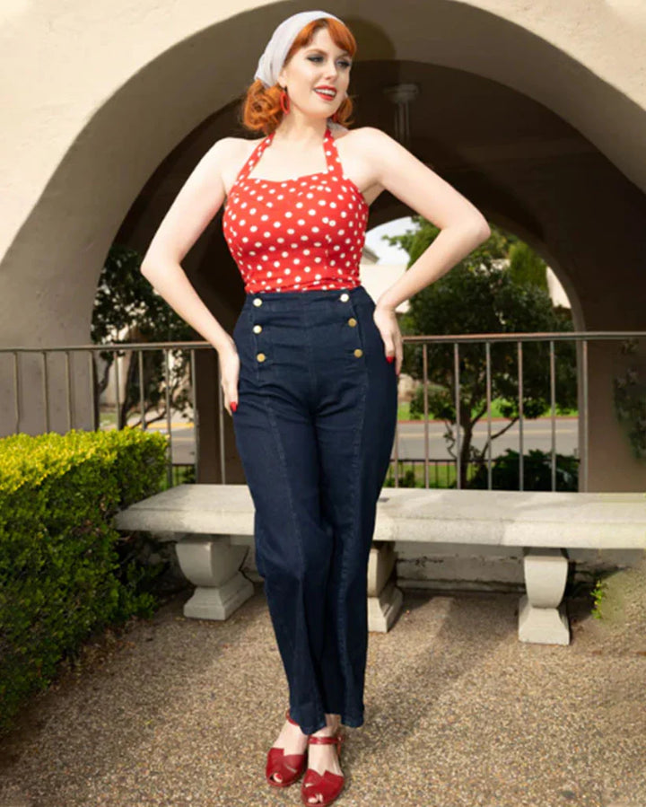Vintage Wide-Leg Jeans – High Waist, Elastic Back, Button-Up Front