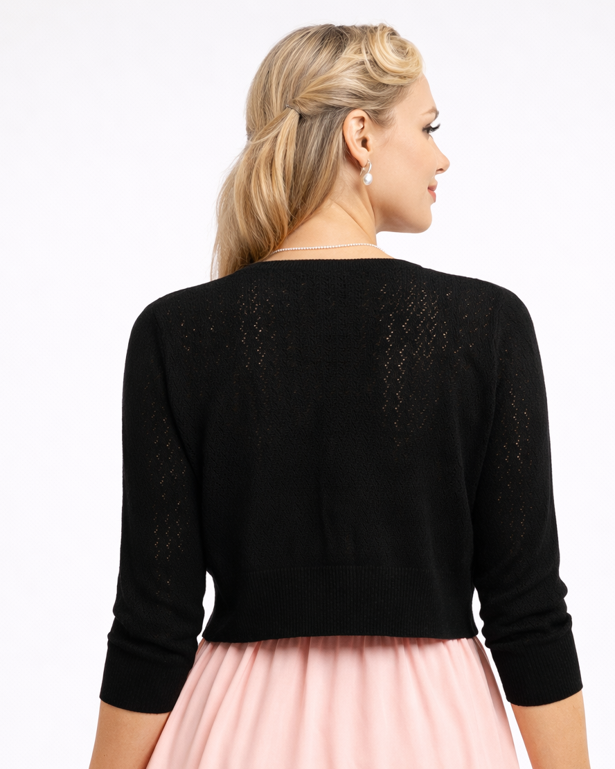 Belle Poque black cropped cardigan back view vintage knit cardigan