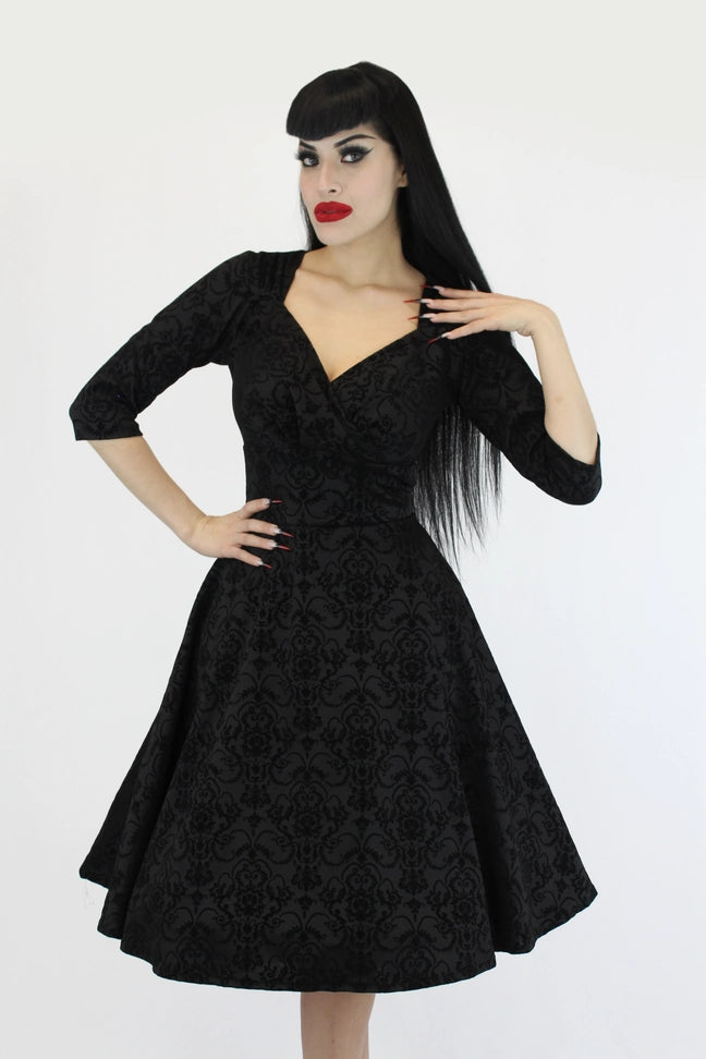 Hemet black damask cocktail dress with full skirt