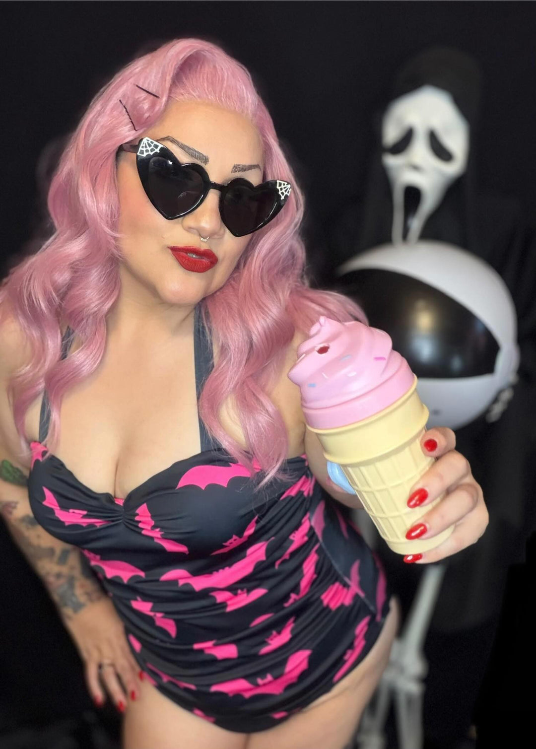 Black and pink bat print retro one-piece swimsuit from the Poison Arrow Retro x Mindy Morbs collection