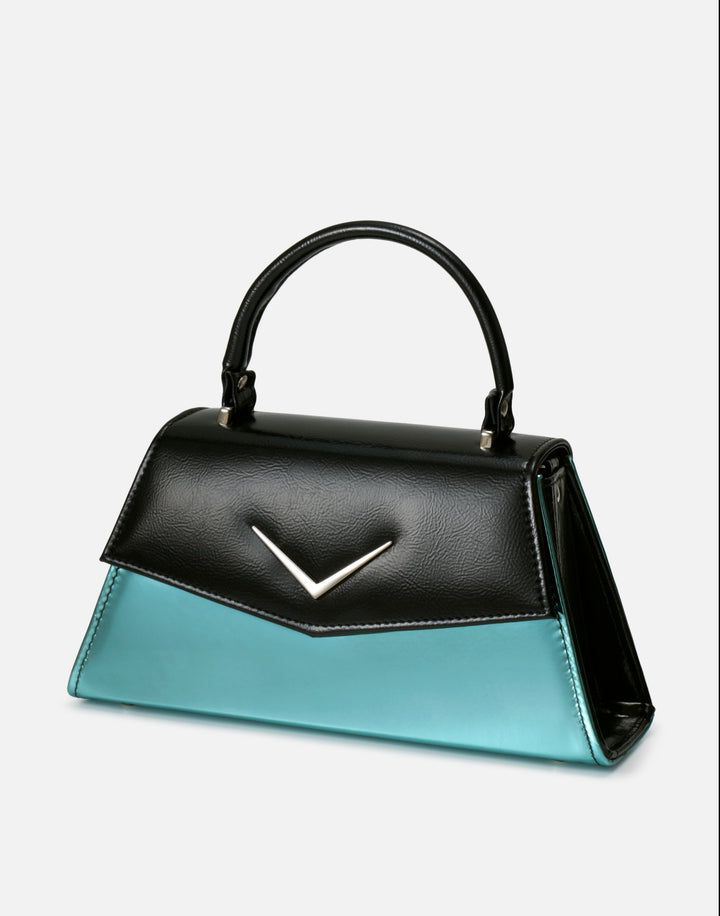 Liquorbrand black and blue chevron handbag with structured vintage bowling bag shape top handle rockabilly style purse