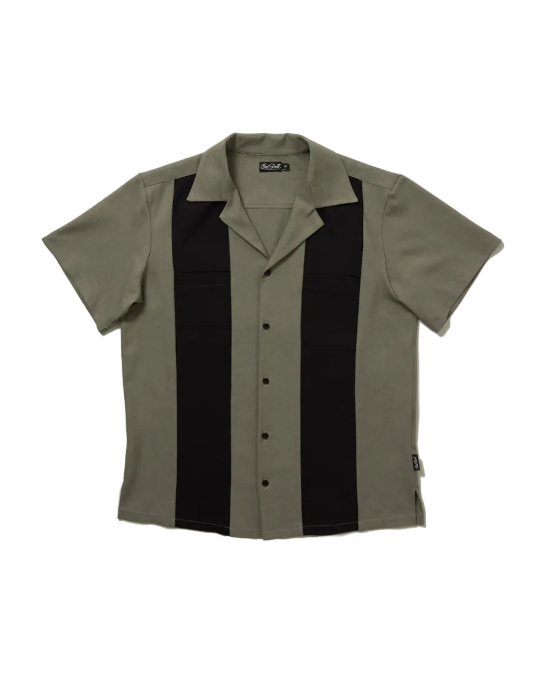 Chet Rock Clayton Cuban shirt in green with black contrast chest panels and revere collar