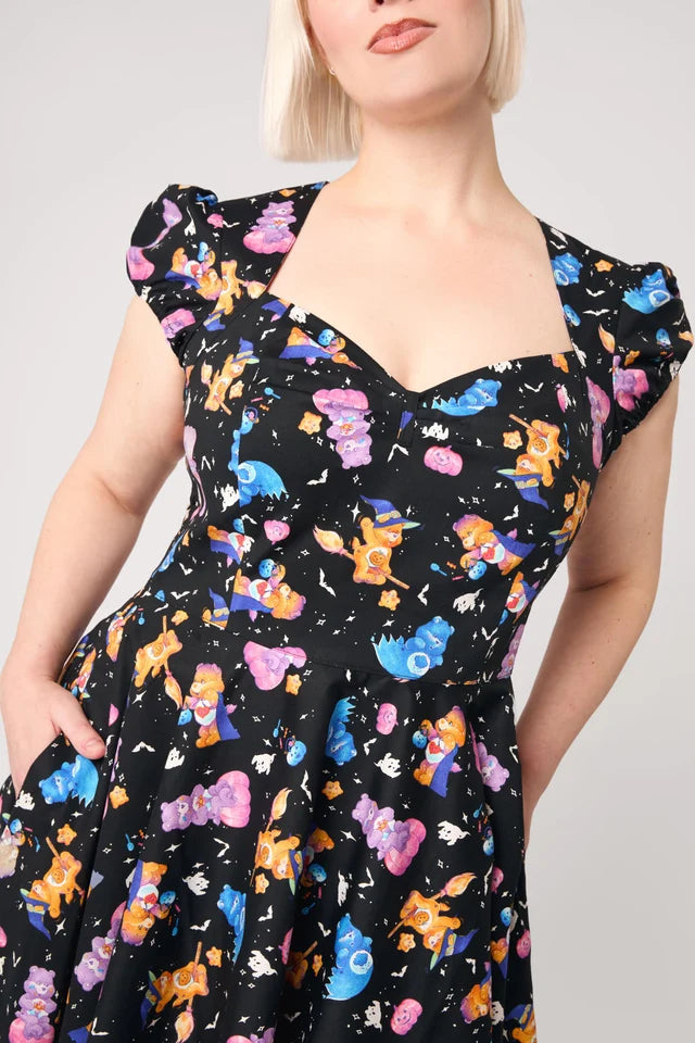 Hell Bunny Care Bears Halloween dress with sweetheart neckline, puff sleeves and vintage 50s swing skirt