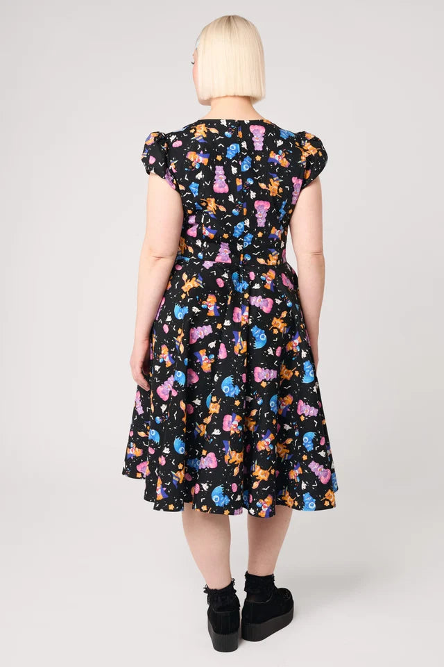 Plus size friendly Hell Bunny Halloween swing dress in black Care Bears print, available XS to 6XL