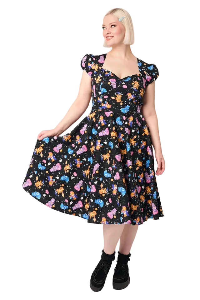 Hell Bunny Trick Or Sweet Care Bears 50s Halloween dress in black with colourful spooky print and full circle skirt