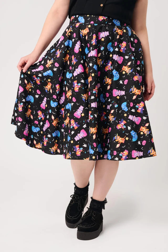 Trick Or Sweet Hell Bunny swing skirt with Care Bears Halloween print, pockets and fitted waistband