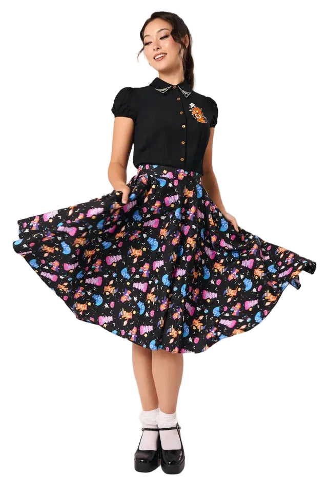 Hell Bunny Trick Or Sweet Care Bears Halloween swing skirt in black with colourful spooky print and full circle shape