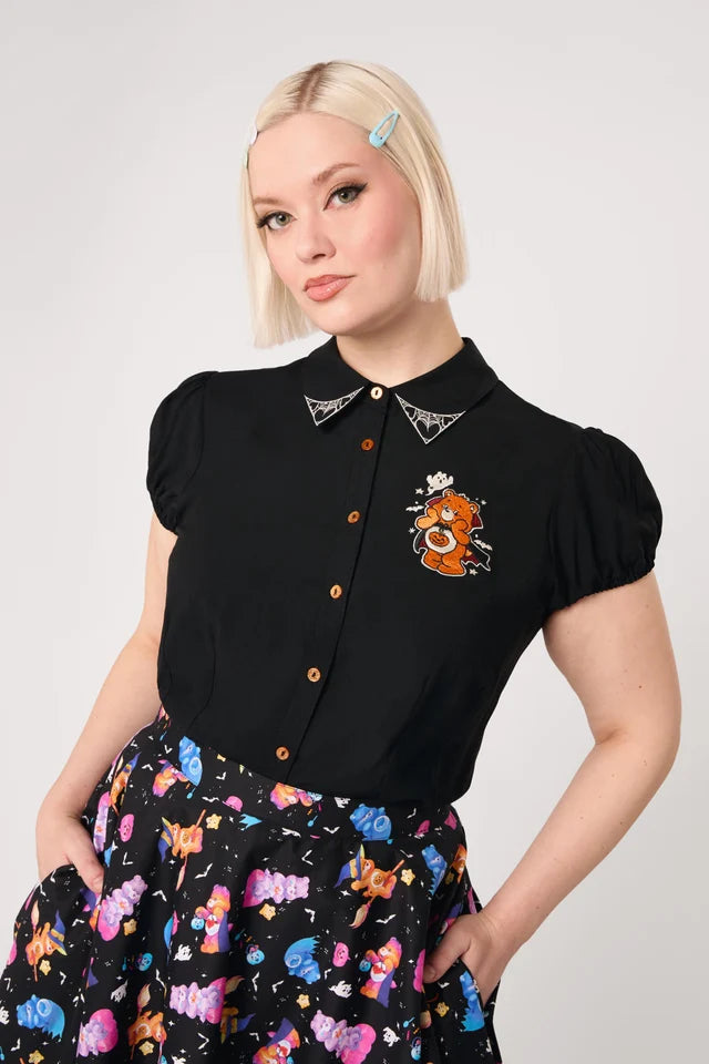 Trick Or Sweet Hell Bunny blouse with Care Bears embroidery and spiderweb pointed collar