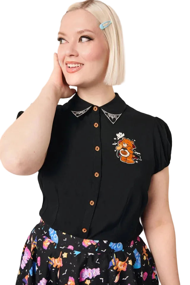 Hell Bunny Trick Or Sweet Care Bears Halloween blouse in black with embroidered Care Bear and spiderweb collar