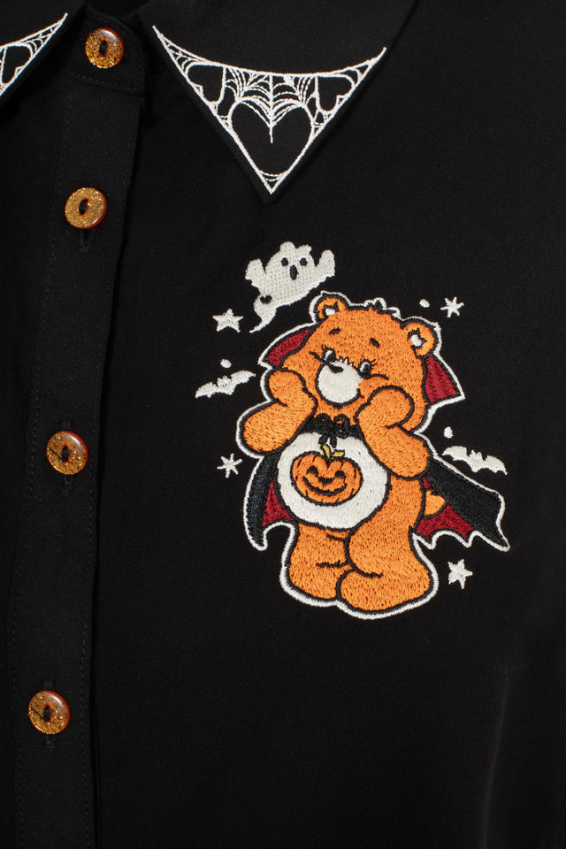 Hell Bunny Care Bears Halloween black blouse with orange buttons, puff sleeves and embroidered collar