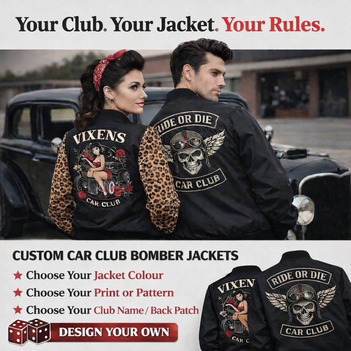 Custom printed bomber jacket with personalised back design and name, made to order with no minimums.