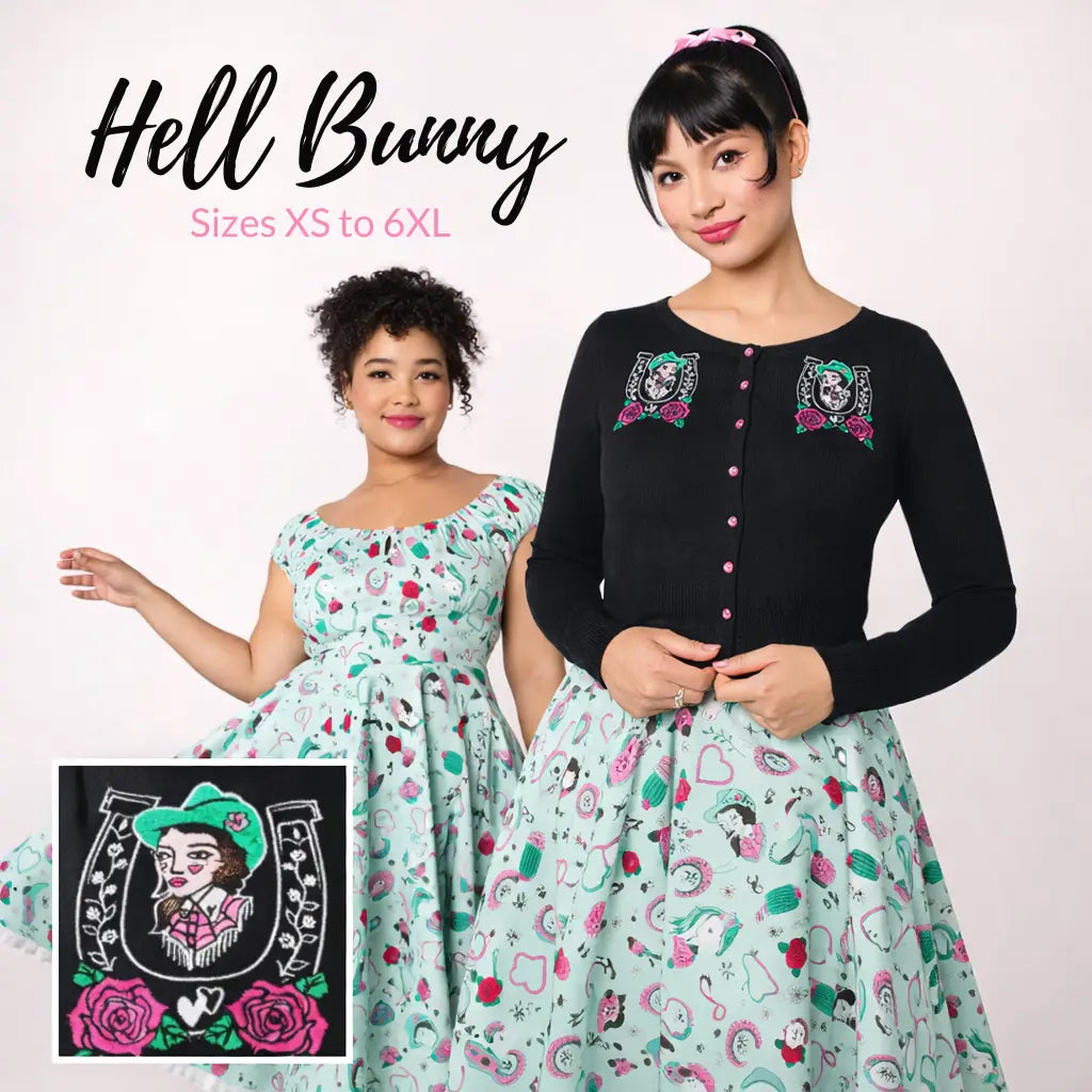 Hell Bunny western print dresses and embroidered cardigan in sizes XS to 6XL, featuring vintage cowgirl style retro fashion for women in Australia