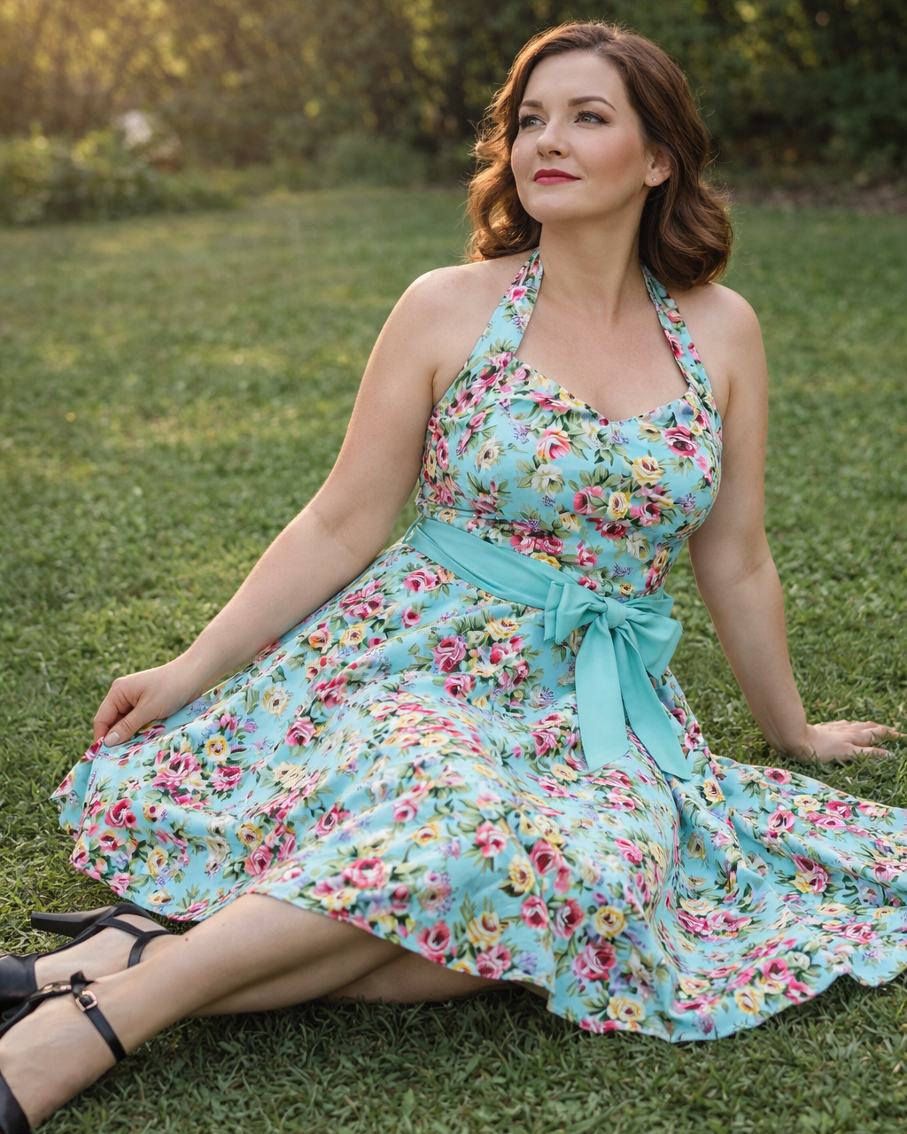 Woman in a floral dress sitting on grass with trees in the background