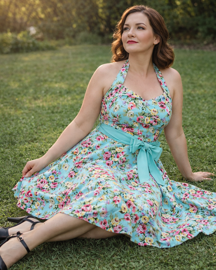 Woman in a floral dress sitting on grass with trees in the background
