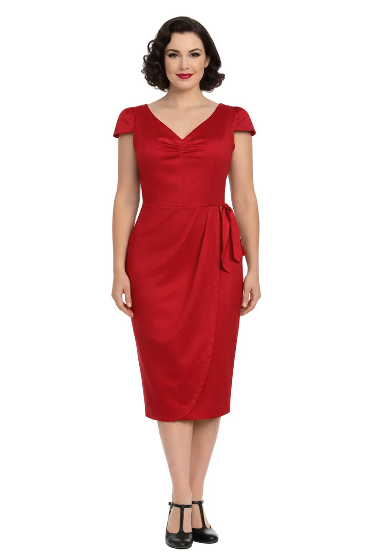 Red pencil dress with cap sleeves, V-neckline and waist tie, front view on white background