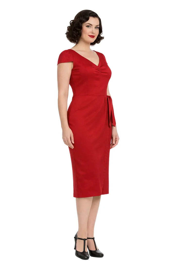 Red fitted pencil dress with cap sleeves and knee-length hem, slight side view on white background