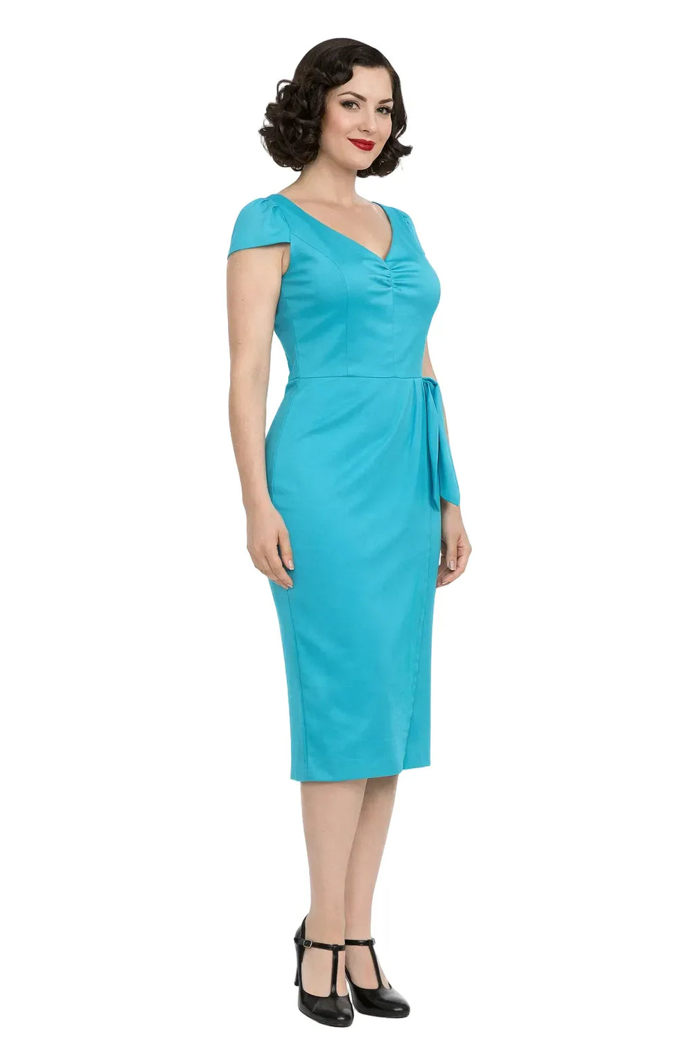 Turquoise fitted pencil dress with cap sleeves and knee-length hem, angled view on white background