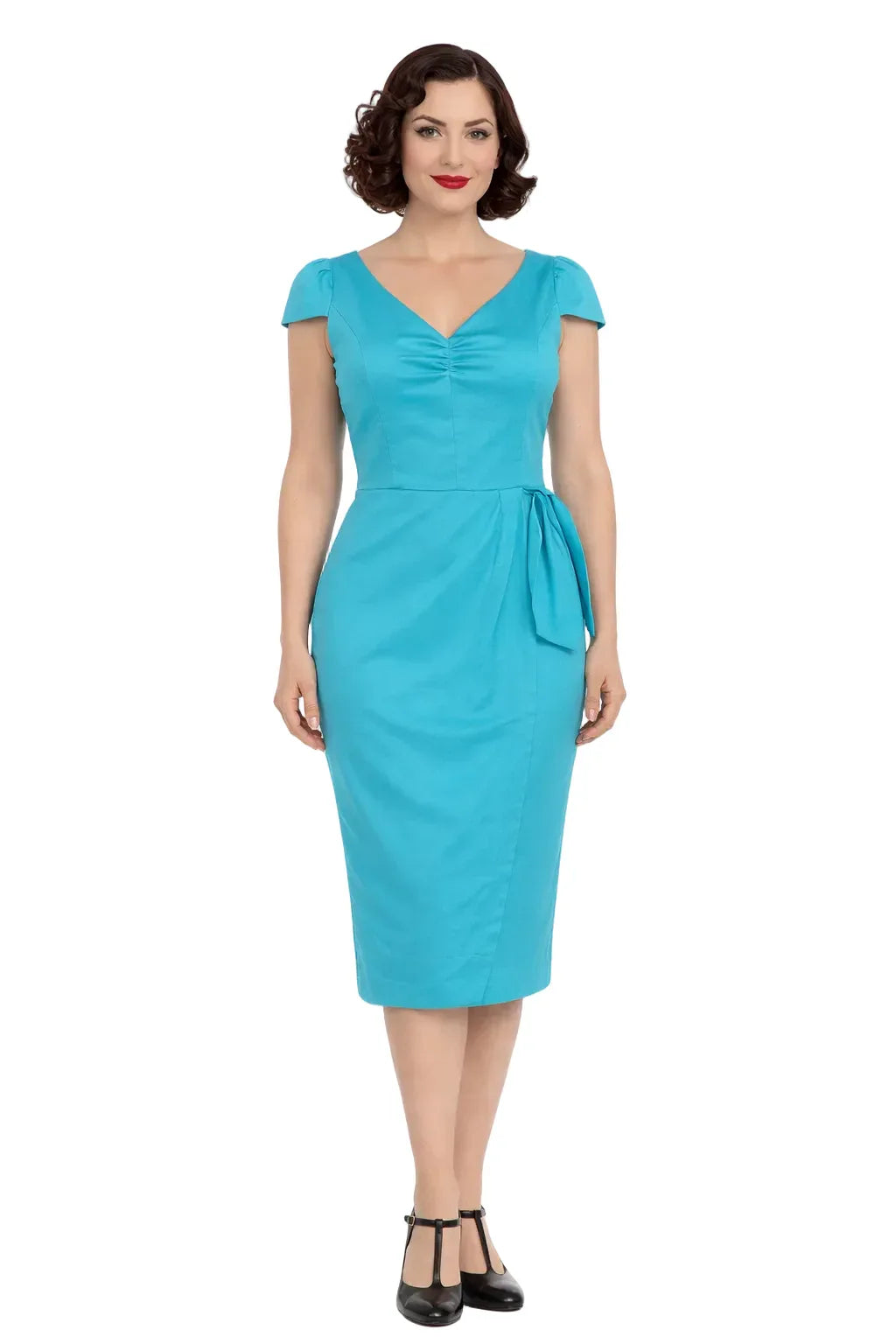 Turquoise pencil dress with cap sleeves, V-neckline and waist tie, front view on white background