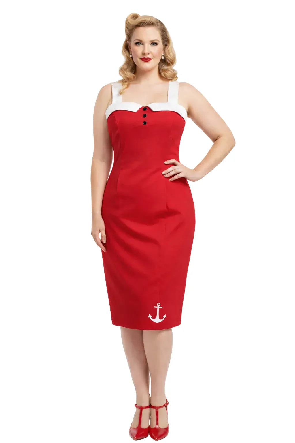 Vintage red halter neck pencil dress with white sweetheart neckline, knee-length fit, worn by blonde retro model on white background