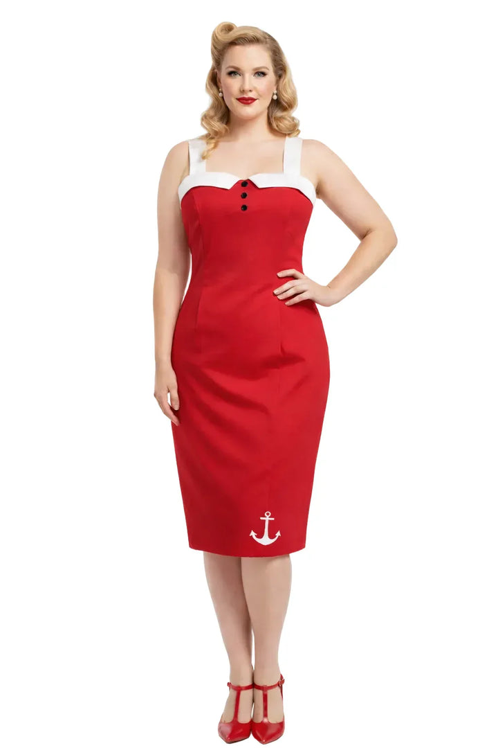 Vintage red halter neck pencil dress with white sweetheart neckline, knee-length fit, worn by blonde retro model on white background